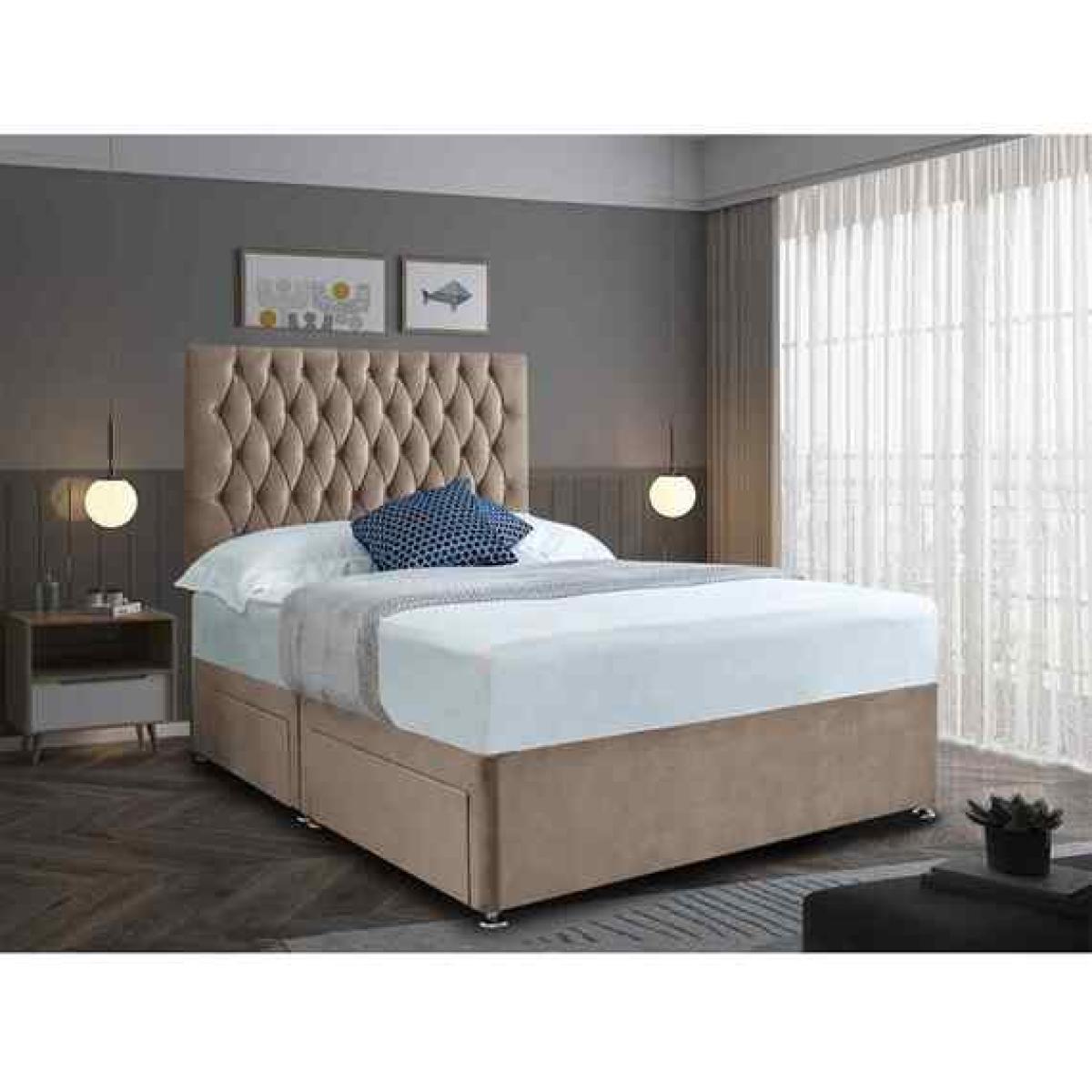 Jemma Divan Bed Set with Headboard Mattress-Plush Fabric, 2 Drawers Left Side - Mink / Red / King