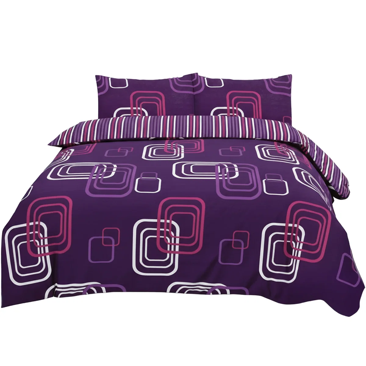 Duvet Cover And Pillowcase Set Geometric Square Design Polycotton Bed Linen - Aubergine / Superking – image 2