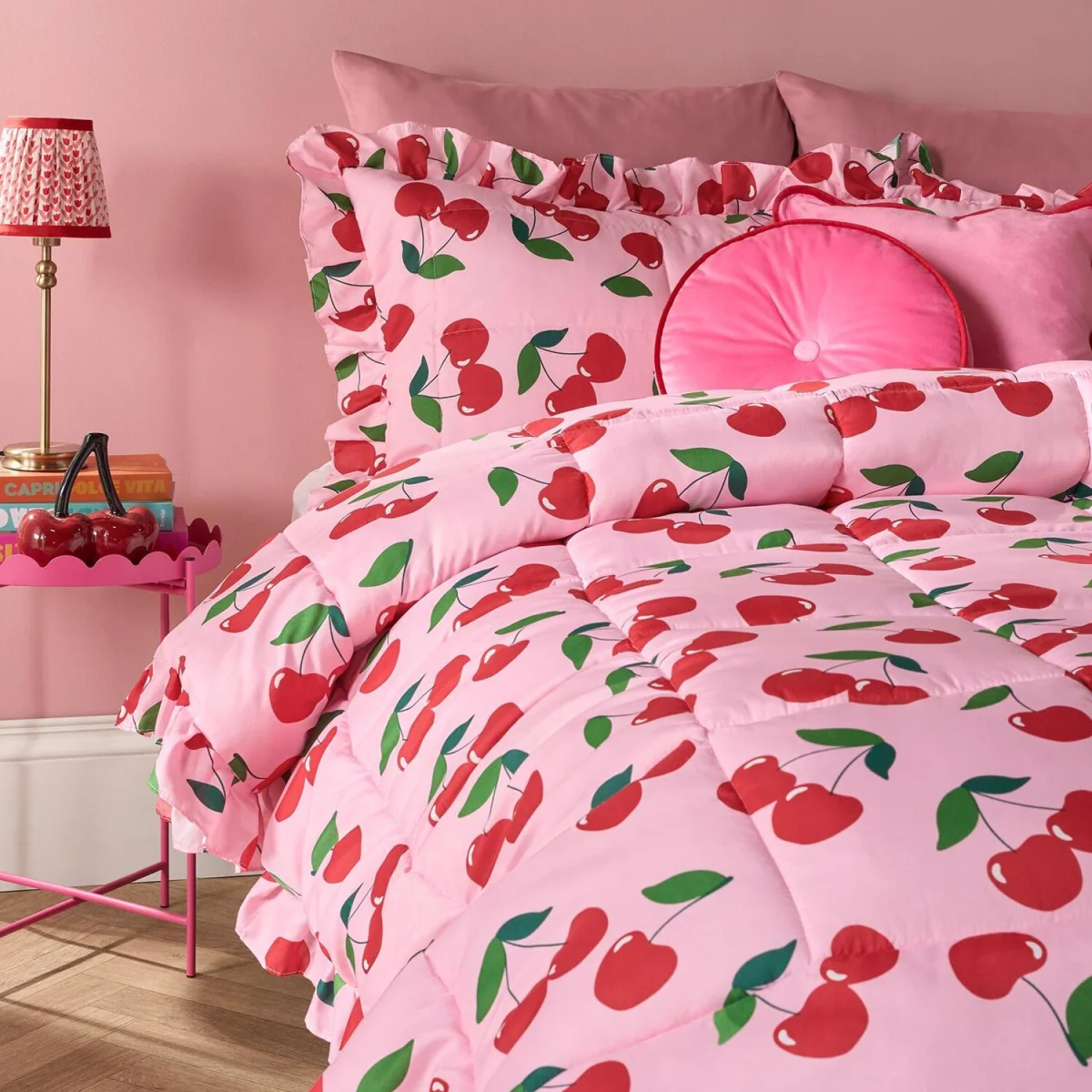 OHS Cherry Print Frill Edge Coverless 7.5 Tog Duvet Set - Pink/Red / 1.55kg – image 2