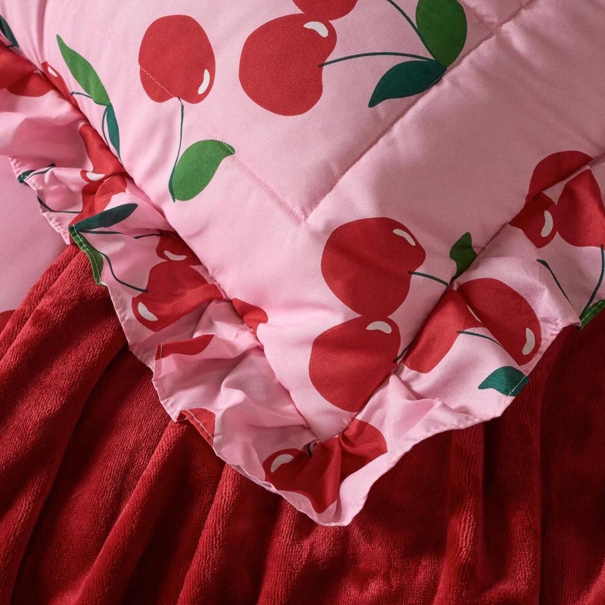 OHS Cherry Print Frill Edge Coverless 7.5 Tog Duvet Set - Pink/Red / 1.55kg – image 4