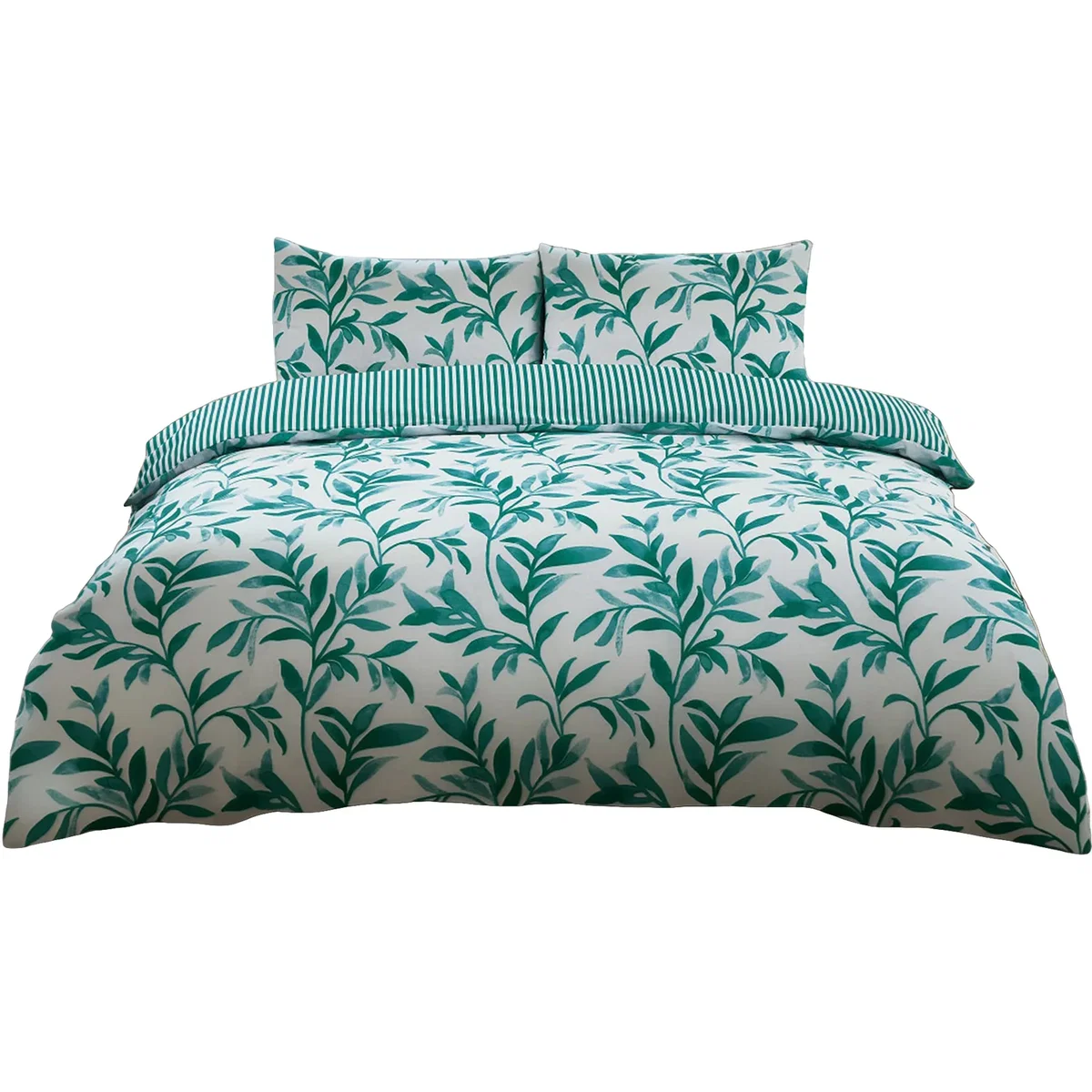 Duvet Cover And Pillowcase Set Reversible Leaf And Stripe Design Polycotton Bed Linen - Teal / Single – image 2