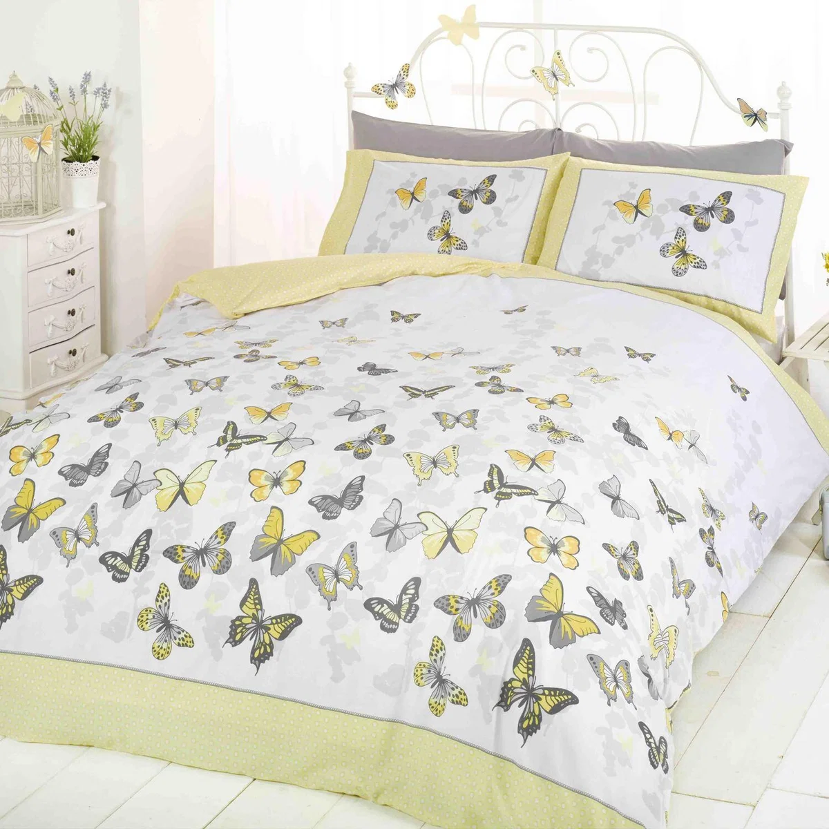Flutter Butterflies Polycotton Duvet Set With Pillowcase - Lemon / King