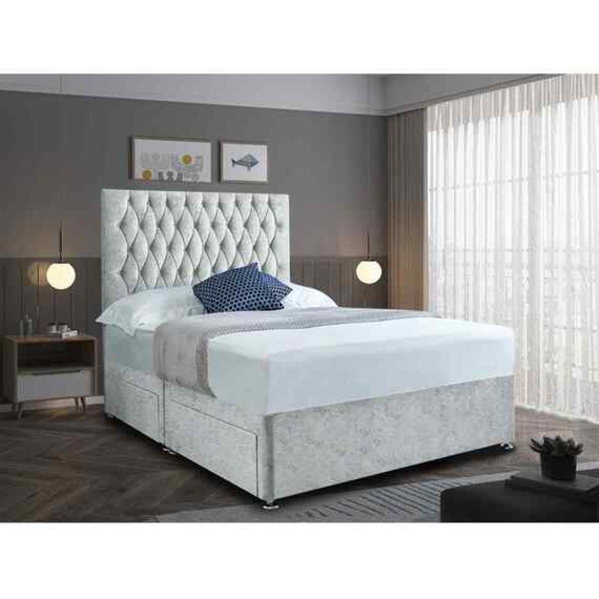Jemma Divan Bed Set with Headboard Mattress-Crushed Fabric,2 Drawers Left Side - Silver / Grey / King
