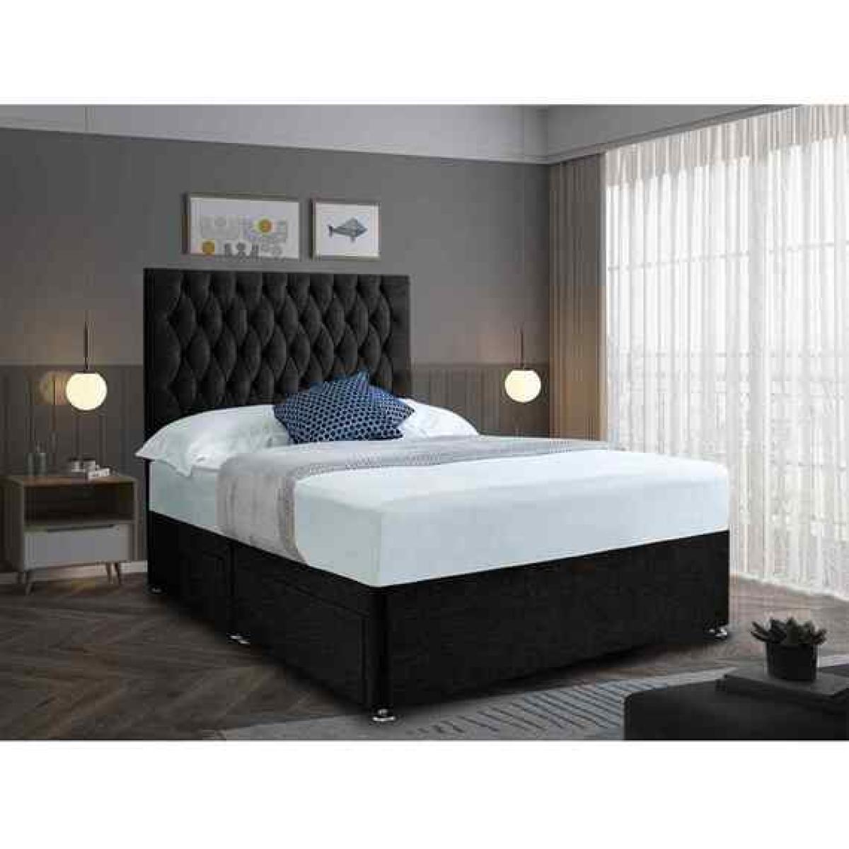 Jemma Divan Bed Set with Headboard Mattress-Chenille, 2 Drawers Right Side - Black / Double