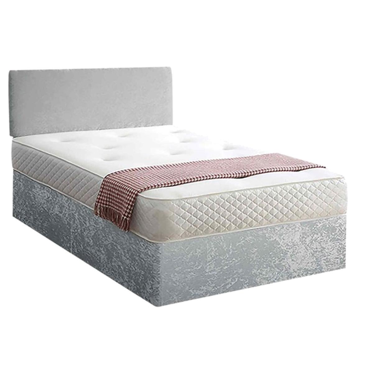 Loria Divan Bed Set with Headboard and Mattress - Crushed Fabric, Non Storage - Silver / Small Double