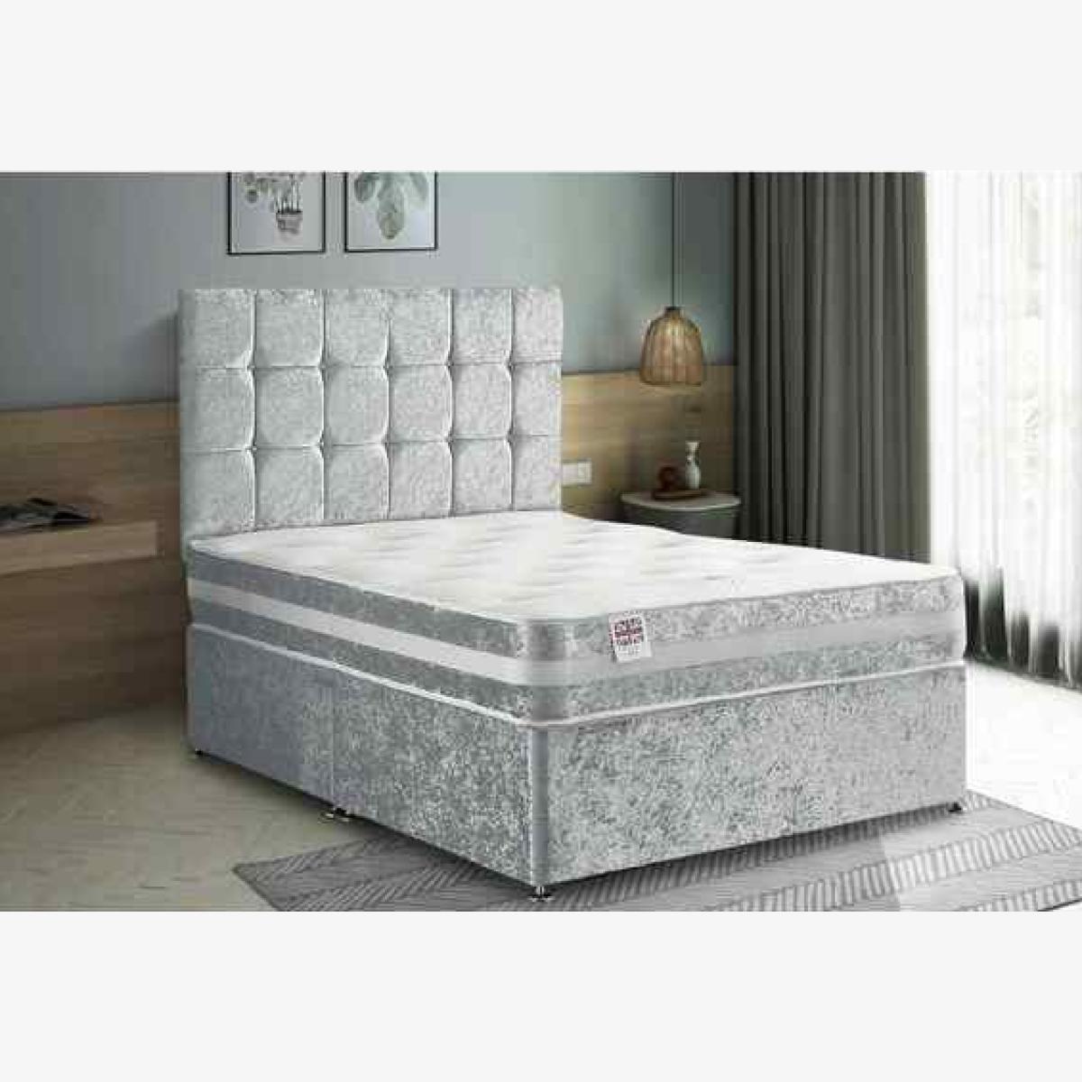 Delia Divan Bed Set with Headboard Mattress-Crushed Fabric,2 Drawers Left Side - Silver / Grey / Super King / Superking