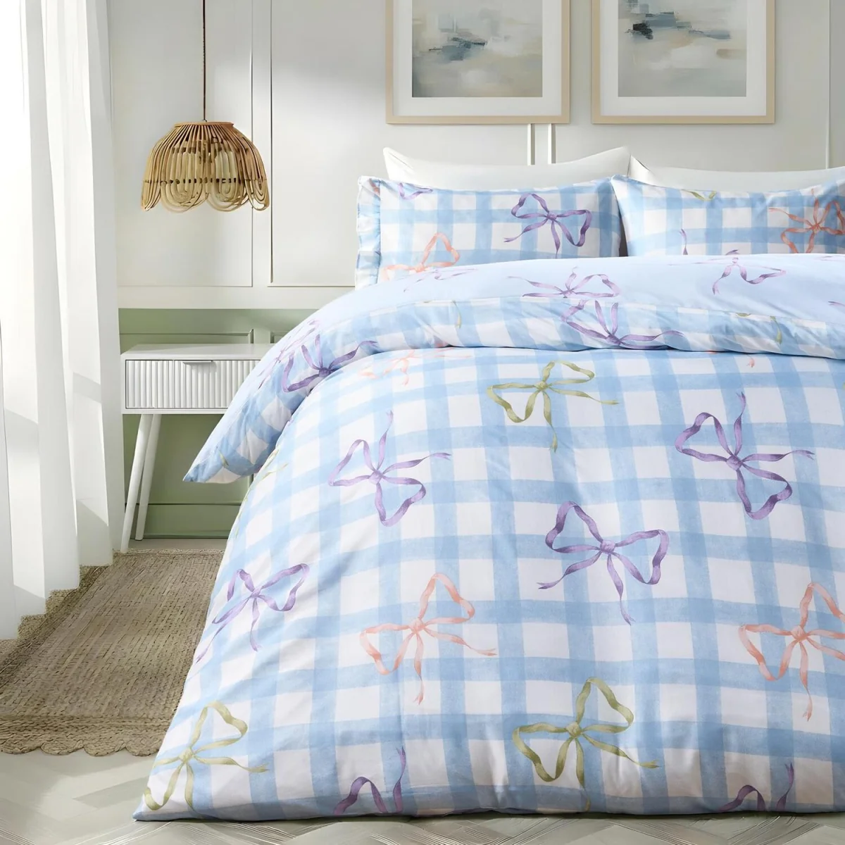 OHS Bow Print Gingham Duvet Cover & Frill Edge Pillowcase Set - Blue/White / 1kg – image 2