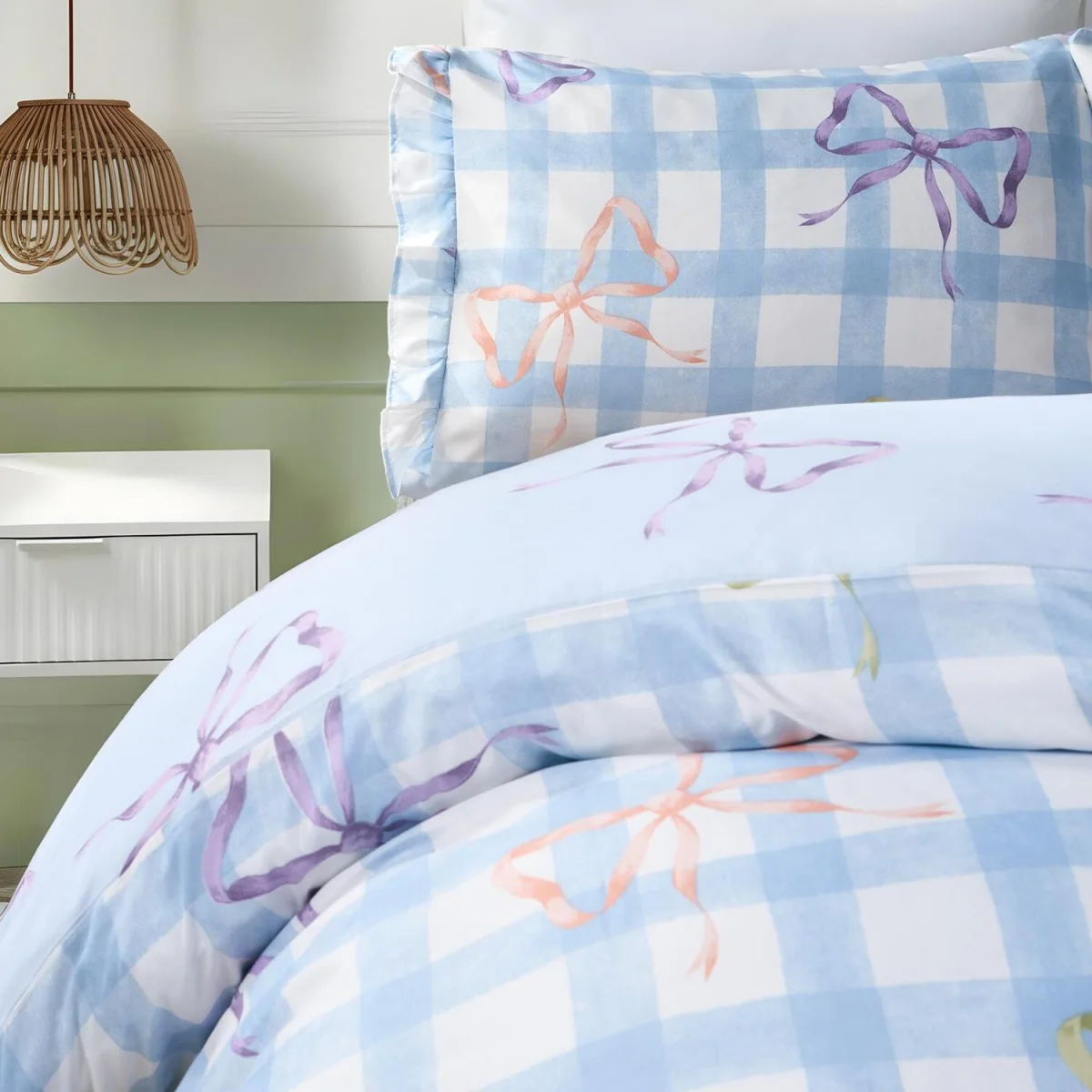 OHS Bow Print Gingham Duvet Cover & Frill Edge Pillowcase Set - Blue/White / 1kg – image 3