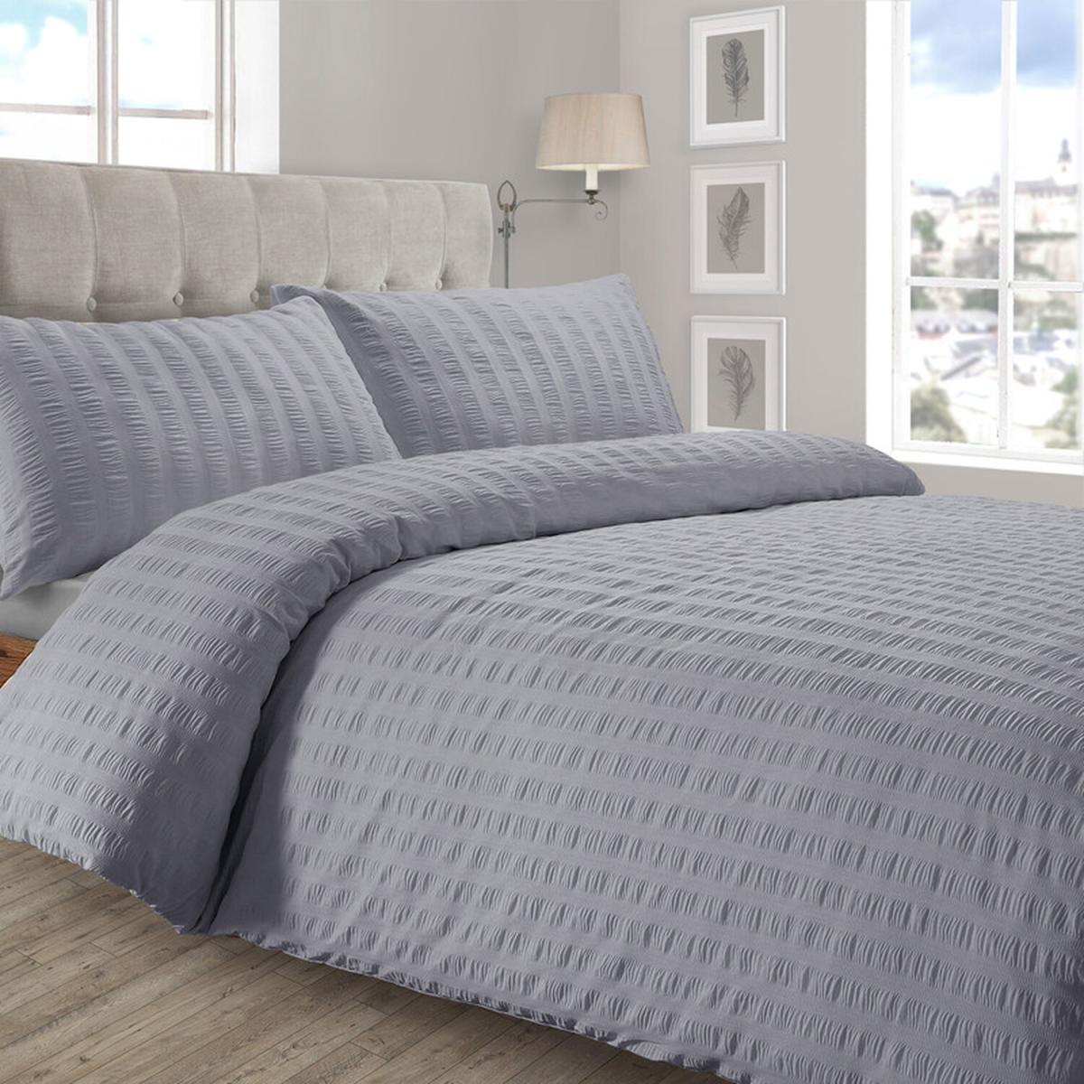 Soft Touch Seersucker Pleated Duvet Cover Pillowcase Set - Grey / Single