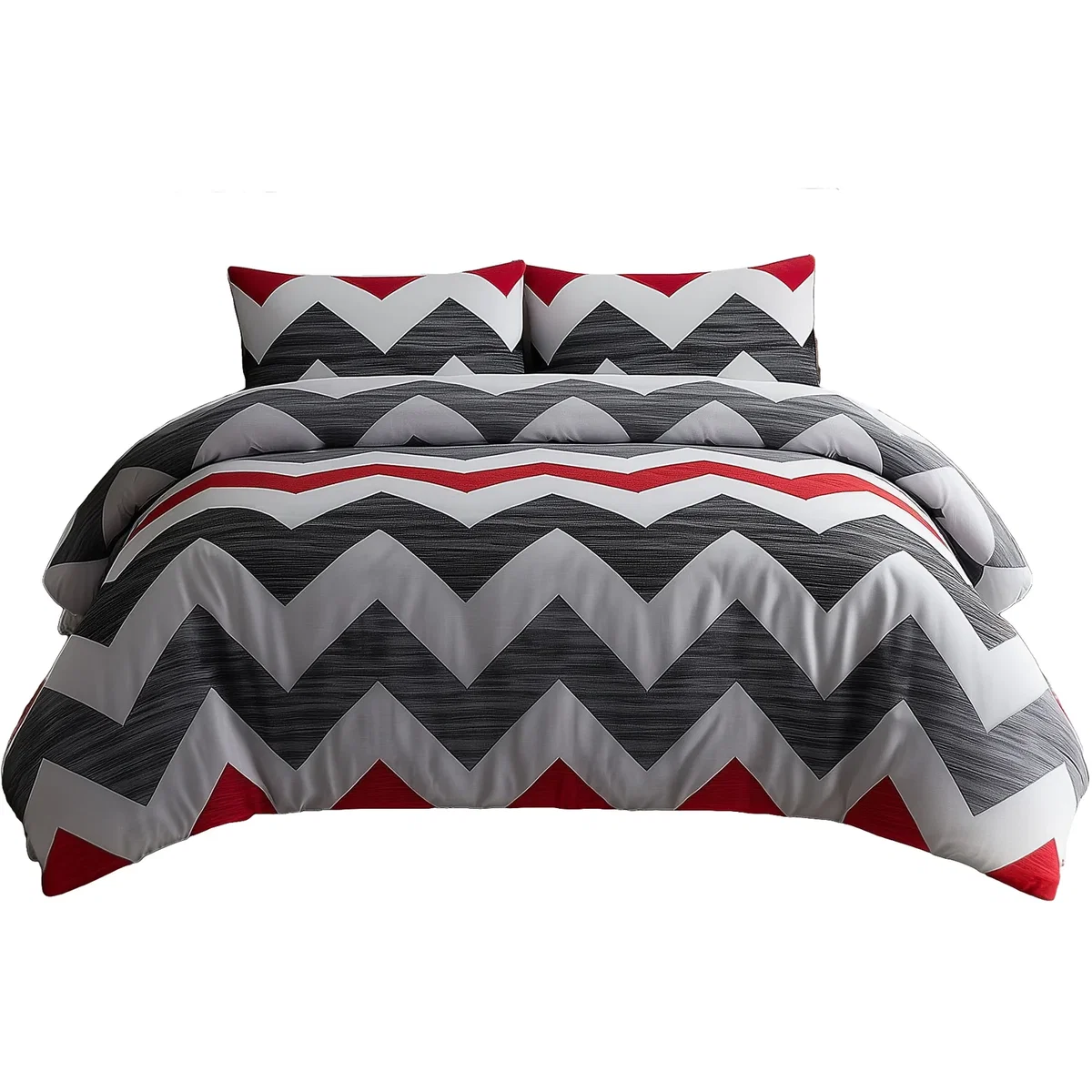 Duvet Cover And Pillowcase Set Grey And Red Zig Zag Reversible Print Design Polycotton Bed Linen - Grey / King – image 2