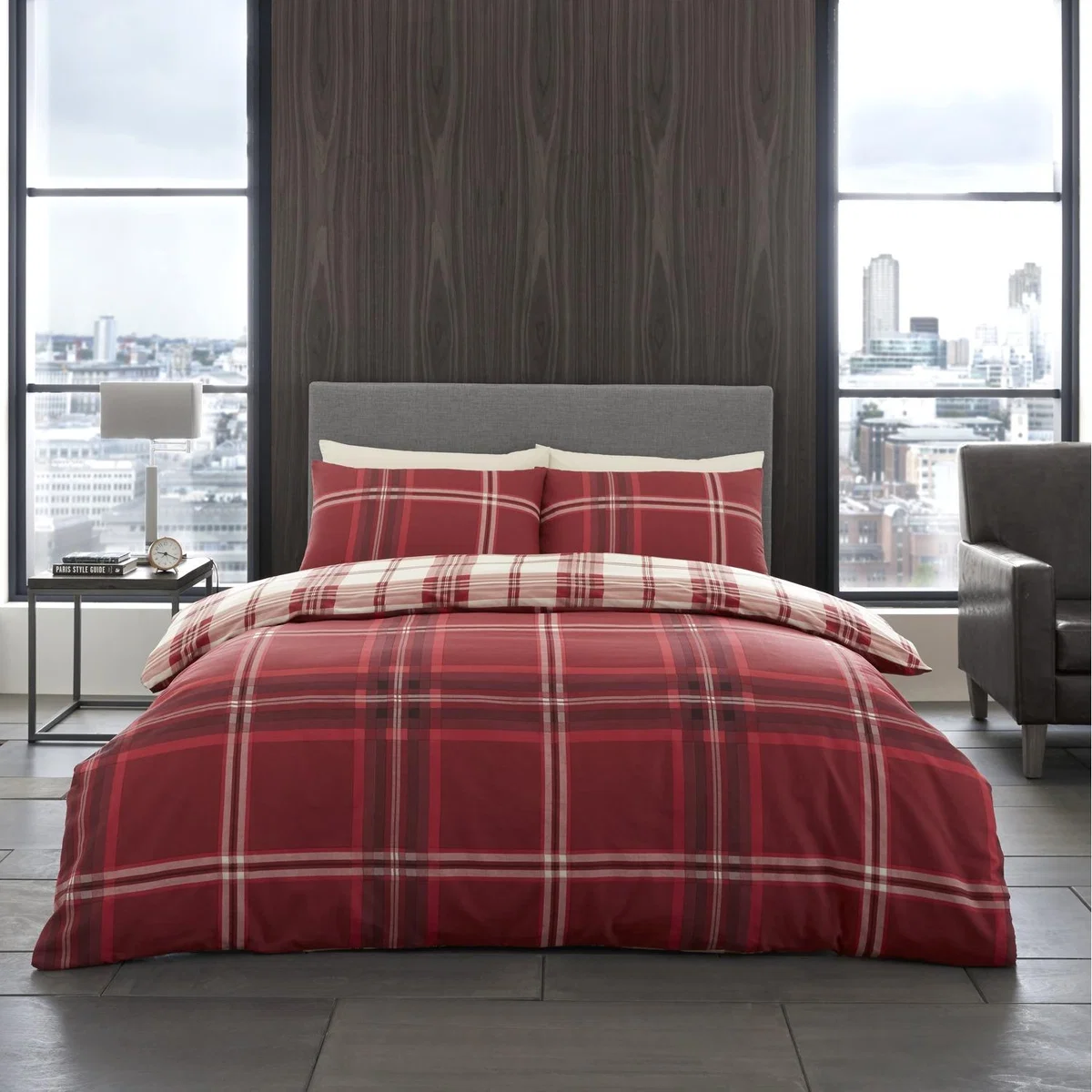 Luxury Reversible Polycotton Bardsley Check Duvet Cover and Pillowcase Set - Red / Single