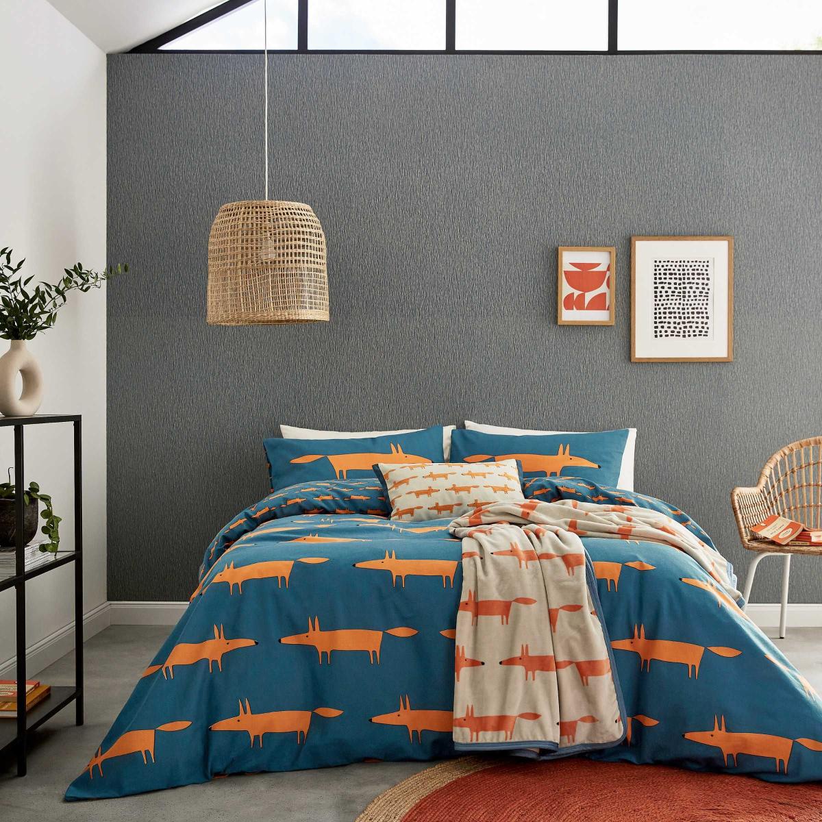 Mr Fox Brushed Cotton Bedding By Scion in Denim Orange – image 1