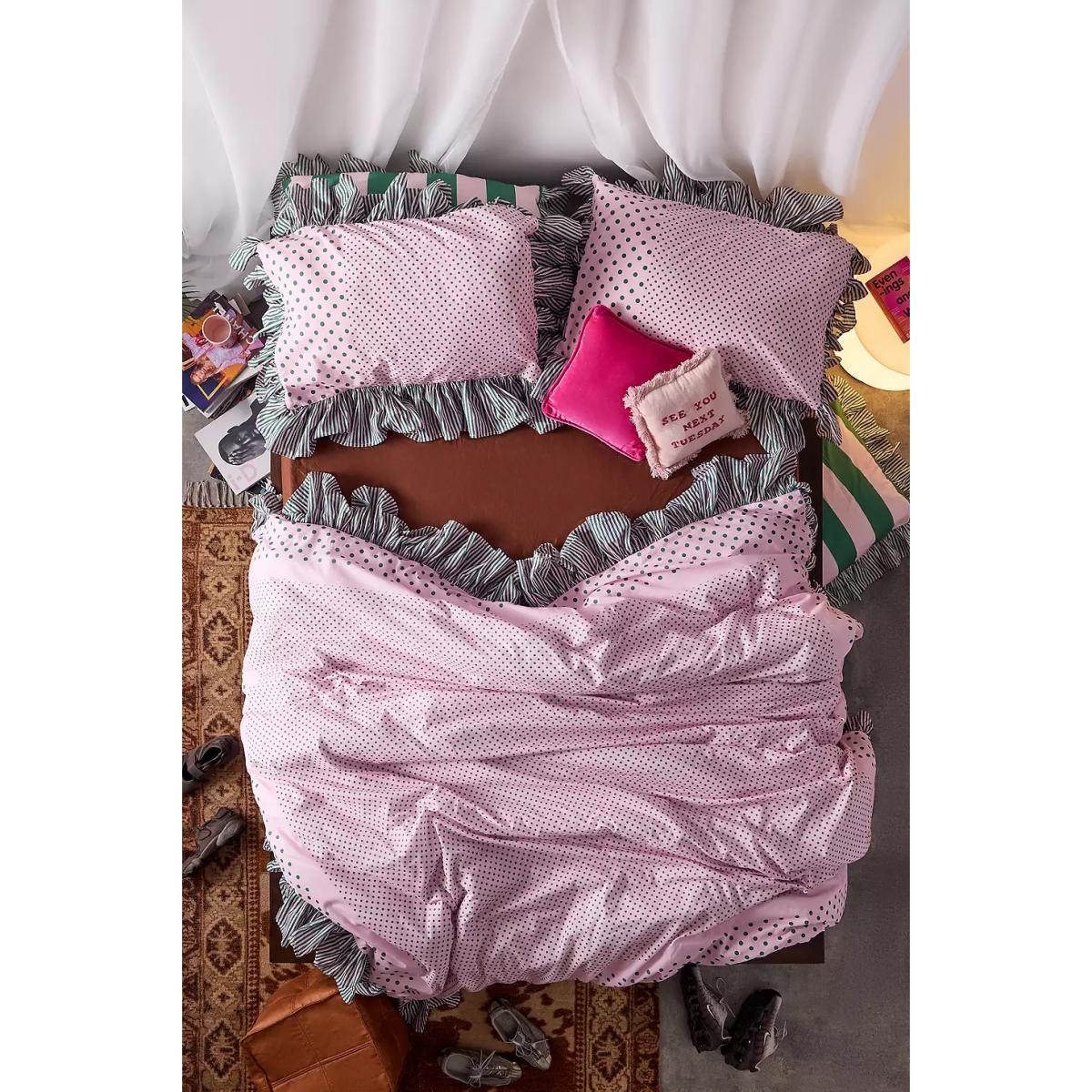 Polka Dot Stripe Ruffle Duvet Set - Pink Double at Urban Outfitters – image 3