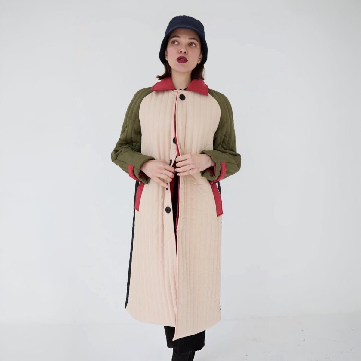 Women's Neutrals / Green / Black Beige Khaki Patchwork Color Block Quilt Long Jacket | M/L | London Atelier Byproduct – image 2