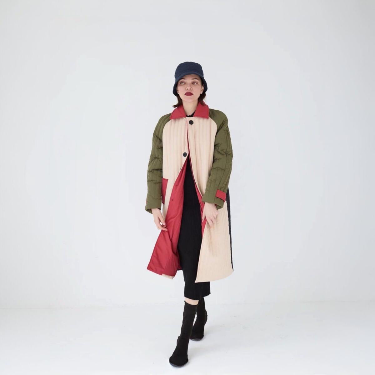 Women's Neutrals / Green / Black Beige Khaki Patchwork Color Block Quilt Long Jacket | M/L | London Atelier Byproduct – image 3