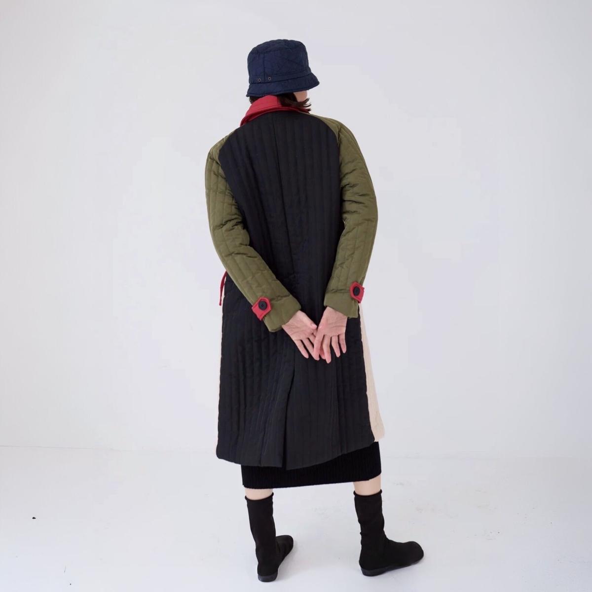 Women's Neutrals / Green / Black Beige Khaki Patchwork Color Block Quilt Long Jacket | M/L | London Atelier Byproduct – image 4