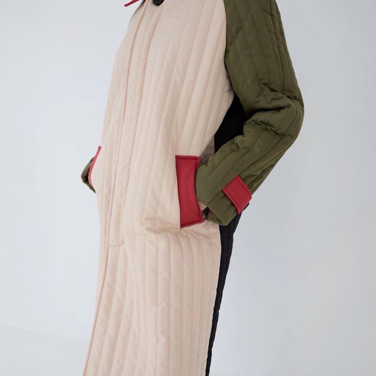 Women's Neutrals / Green / Black Beige Khaki Patchwork Color Block Quilt Long Jacket | M/L | London Atelier Byproduct – image 5