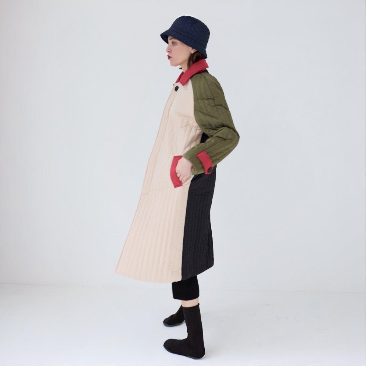 Women's Neutrals / Green / Black Beige Khaki Patchwork Color Block Quilt Long Jacket | M/L | London Atelier Byproduct – image 6