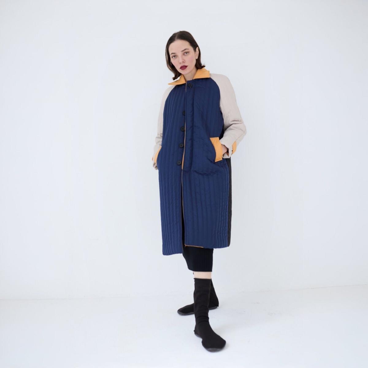 Women's Neutrals / Blue / Black Navy Orange Patchwork Colour Block Quilt Long Jacket | Xs/S | London Atelier Byproduct – image 2