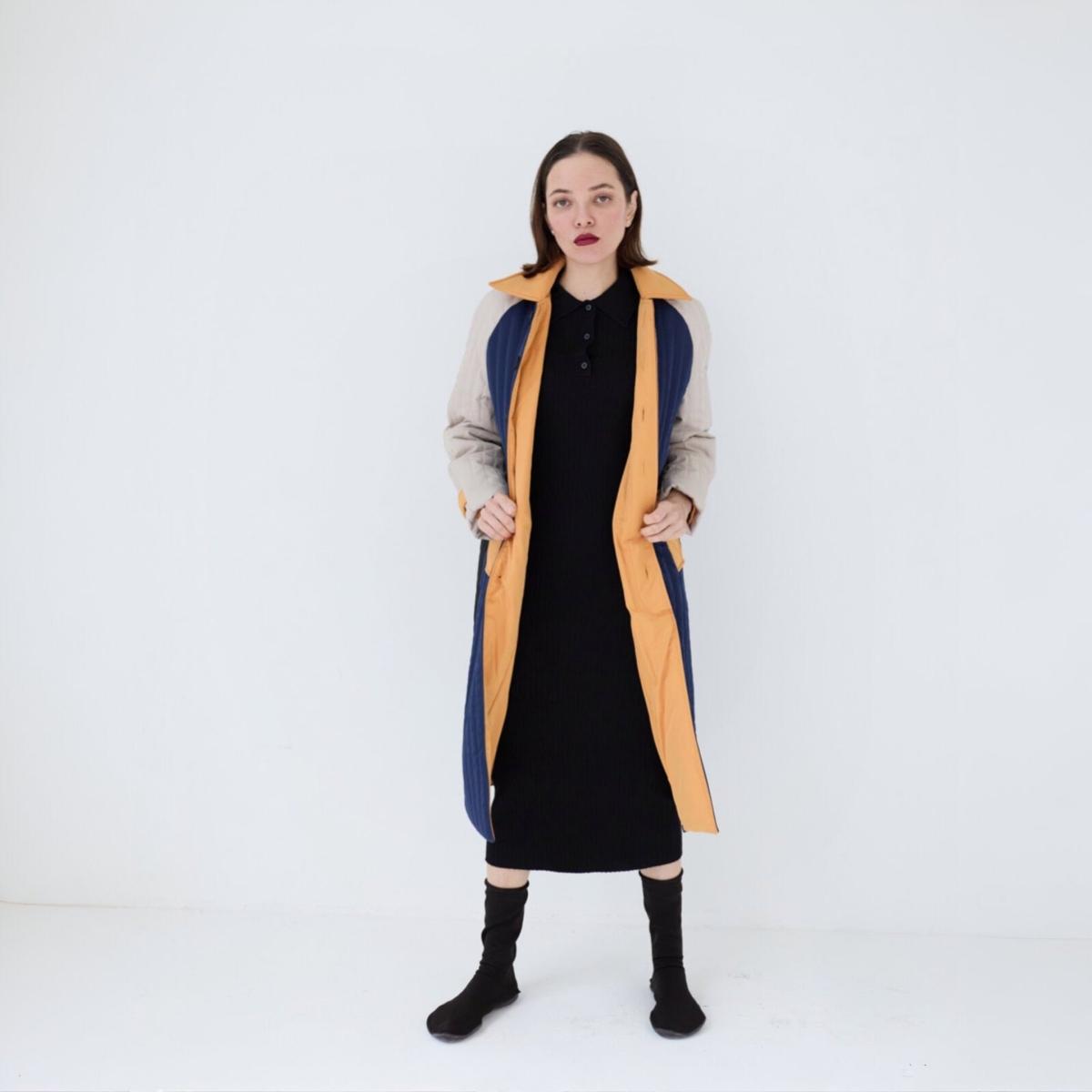 Women's Neutrals / Blue / Black Navy Orange Patchwork Colour Block Quilt Long Jacket | Xs/S | London Atelier Byproduct – image 3
