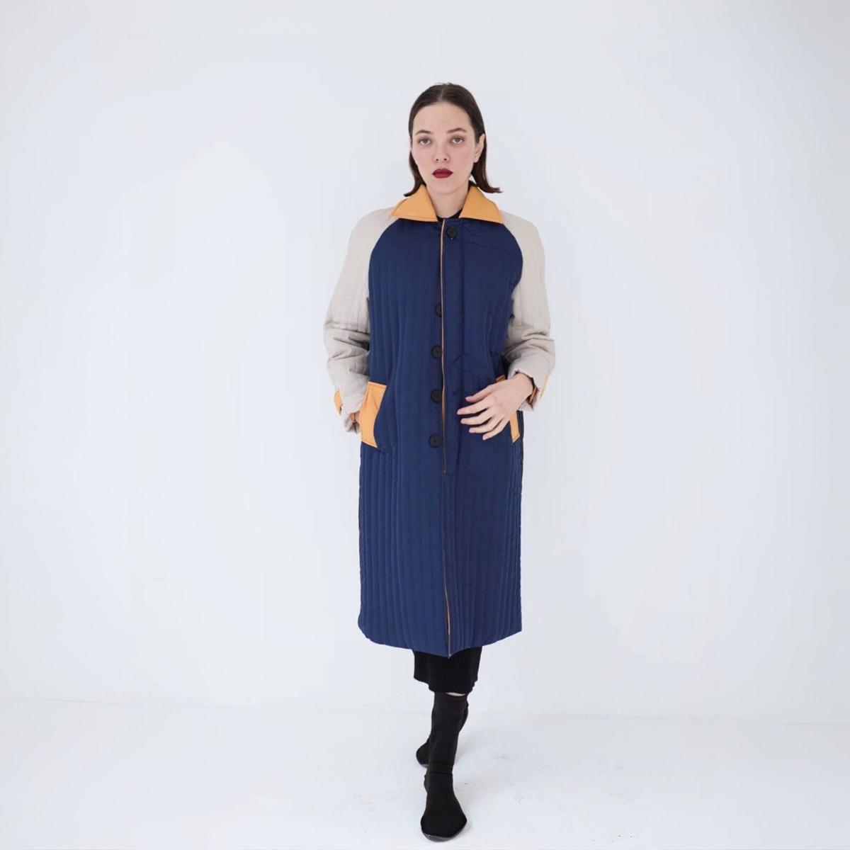 Women's Neutrals / Blue / Black Navy Orange Patchwork Colour Block Quilt Long Jacket | Xs/S | London Atelier Byproduct – image 4