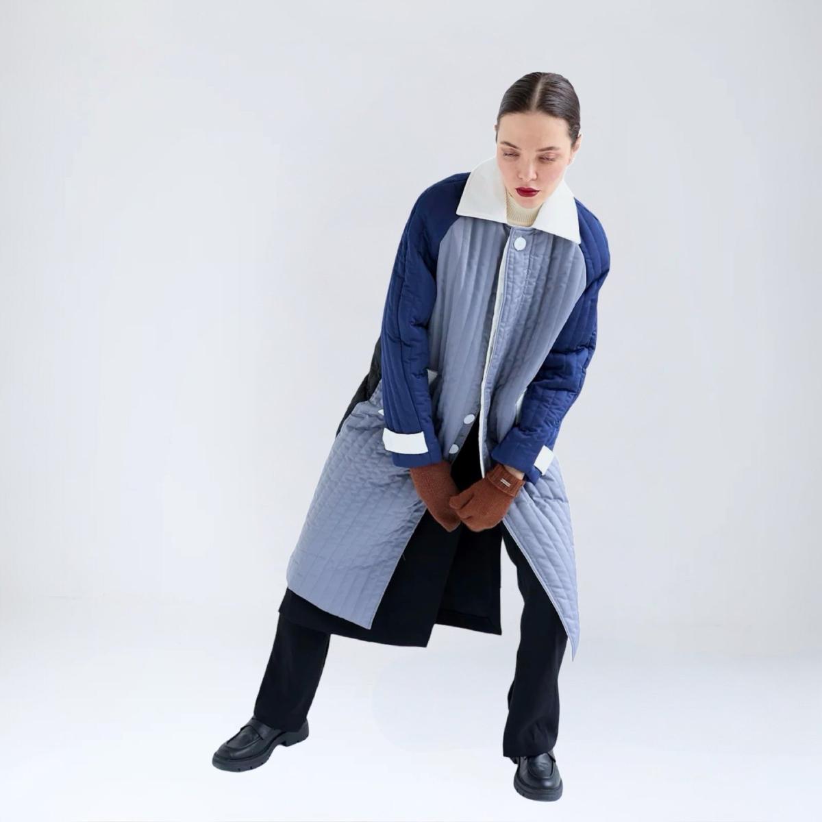 Women's Black / Blue / Grey Grey Navy White Patchwork Colour Block Quilt Long Jacket | M/L | London Atelier Byproduct – image 2