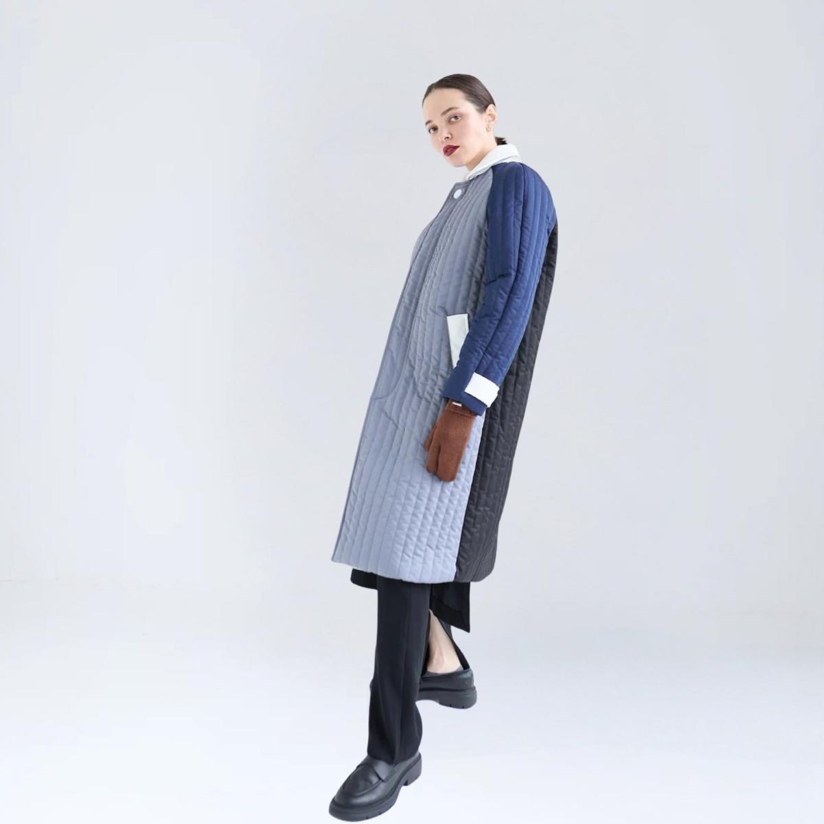 Women's Black / Blue / Grey Grey Navy White Patchwork Colour Block Quilt Long Jacket | M/L | London Atelier Byproduct – image 3
