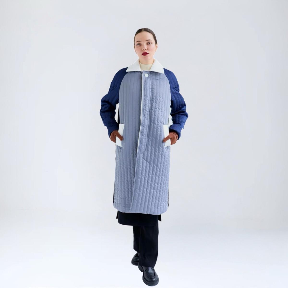 Women's Black / Blue / Grey Grey Navy White Patchwork Colour Block Quilt Long Jacket | M/L | London Atelier Byproduct – image 4