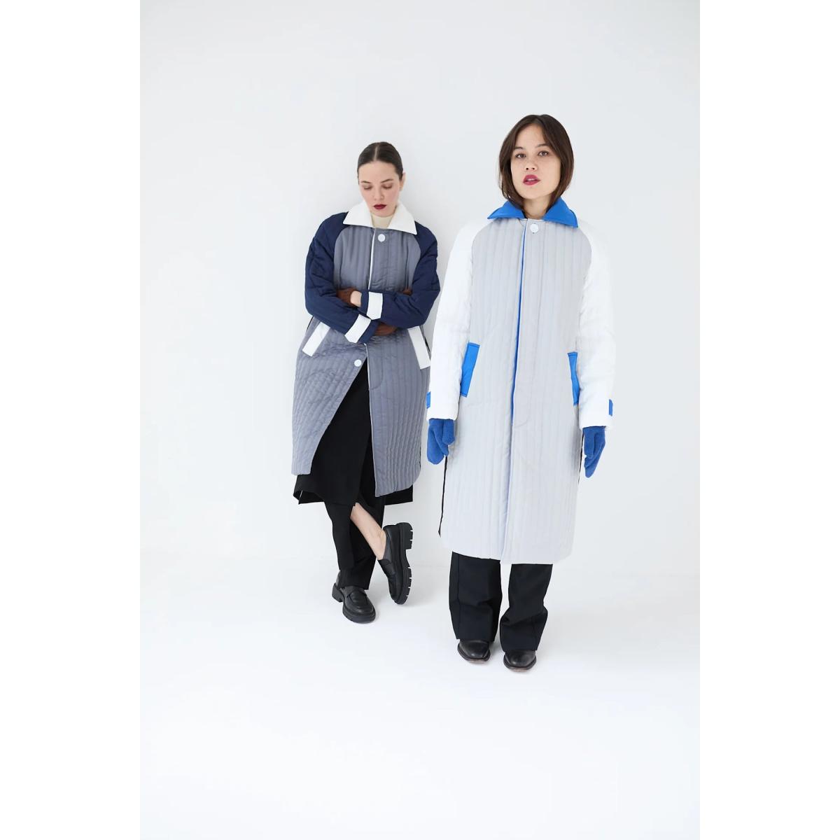 Women's Black / Blue / Grey Grey Navy White Patchwork Colour Block Quilt Long Jacket | M/L | London Atelier Byproduct – image 8