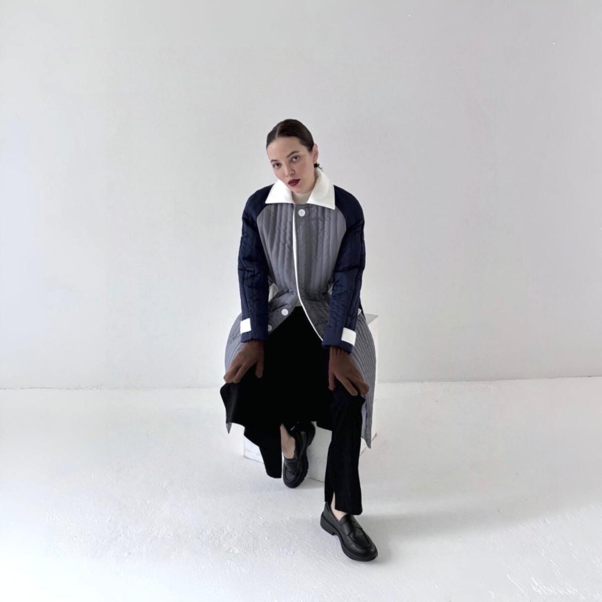 Women's Black / Blue / Grey Grey Navy White Patchwork Colour Block Quilt Long Jacket | M/L | London Atelier Byproduct – image 9