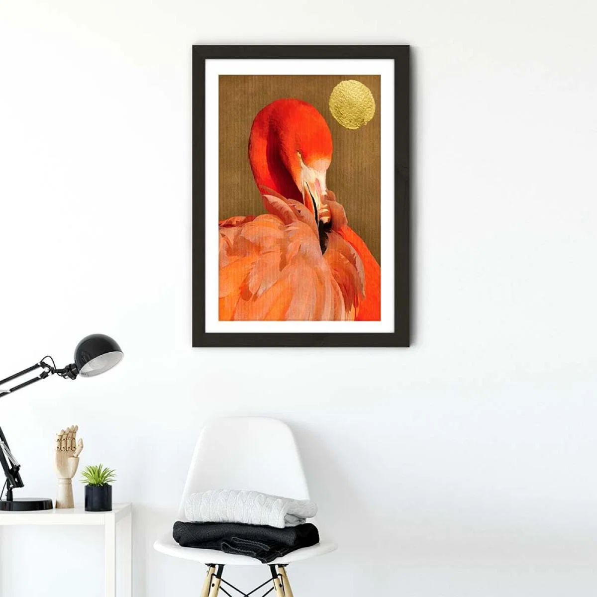 Flamingo With Golden Sun Art Print Black Frame – image 2