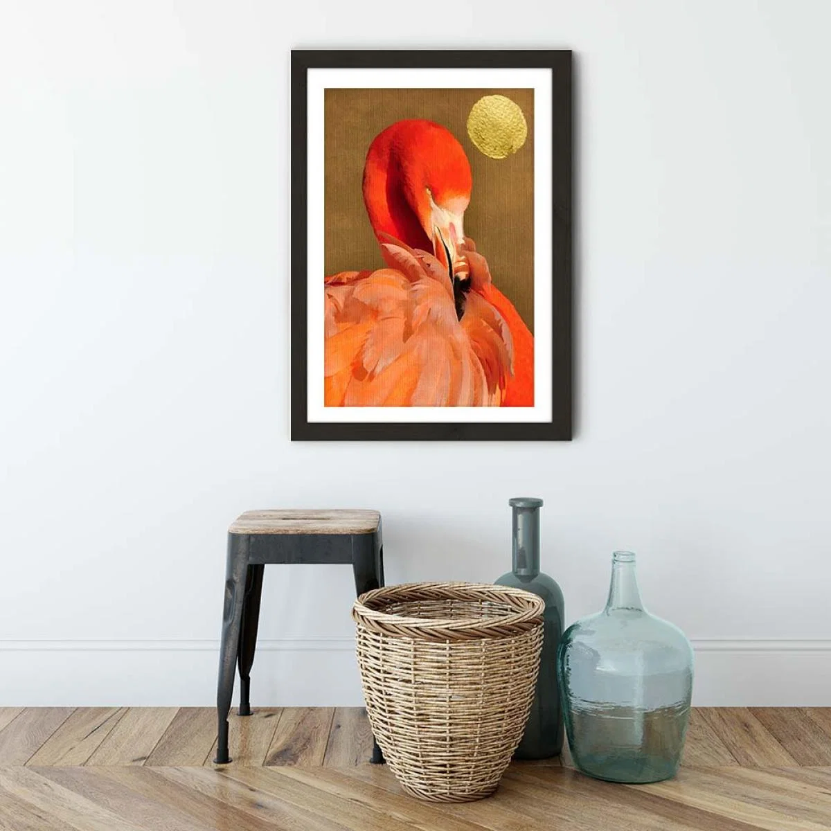 Flamingo With Golden Sun Art Print Black Frame – image 3