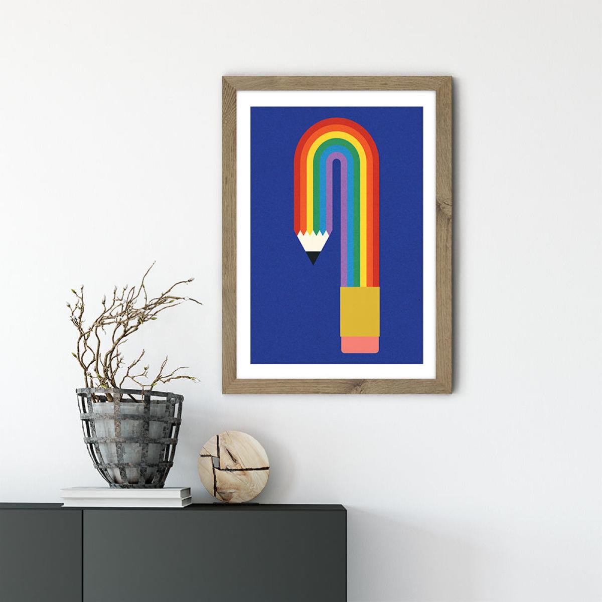 Rainbow Pencil Art Print Oak Frame – image 2