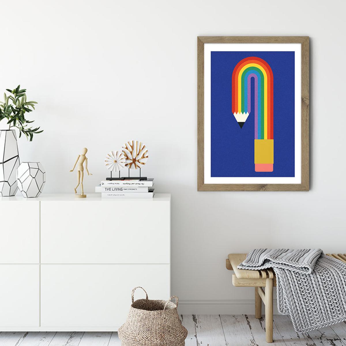 Rainbow Pencil Art Print Oak Frame – image 3