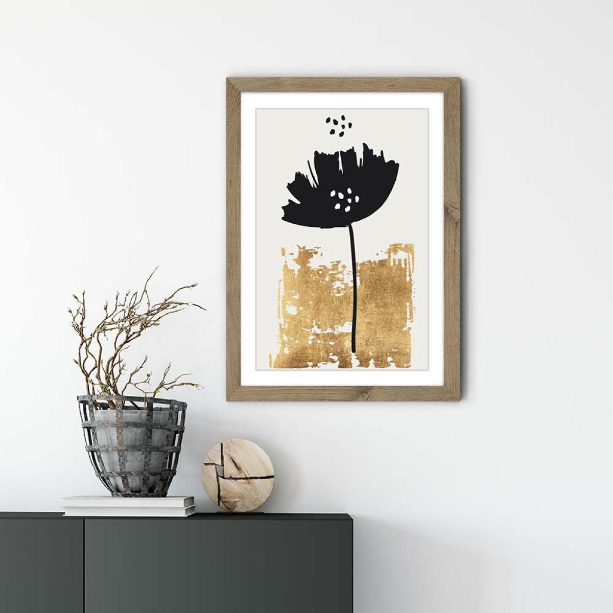 Black Poppy Art Print Oak Frame – image 2
