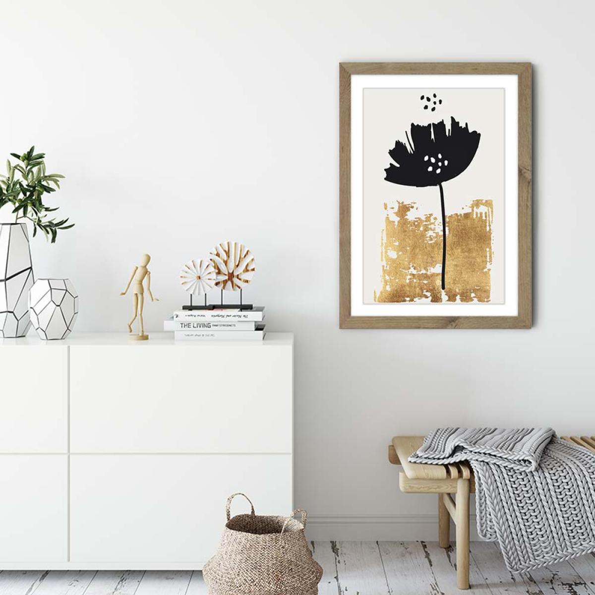 Black Poppy Art Print Oak Frame – image 3