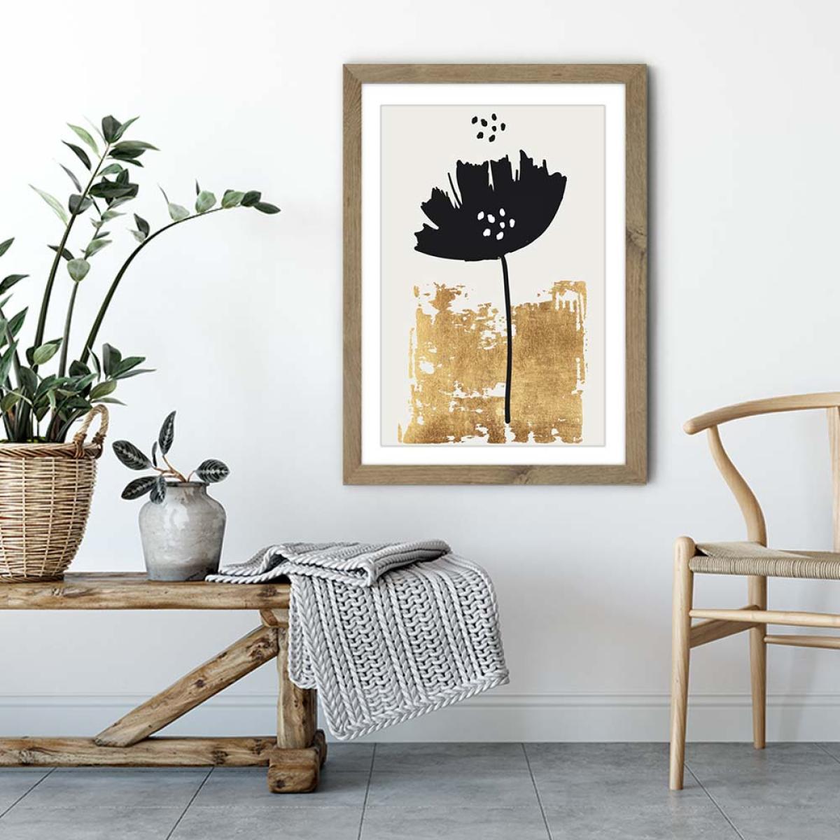 Black Poppy Art Print Oak Frame – image 4