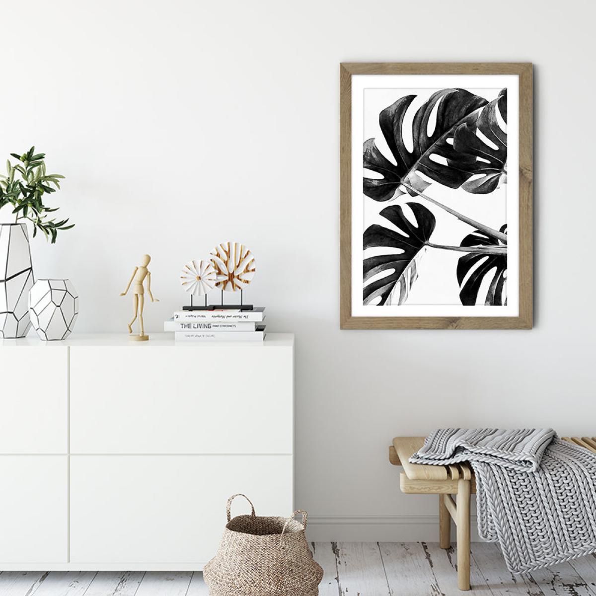 Monstera Black and White 5 Art Print Oak Frame – image 3