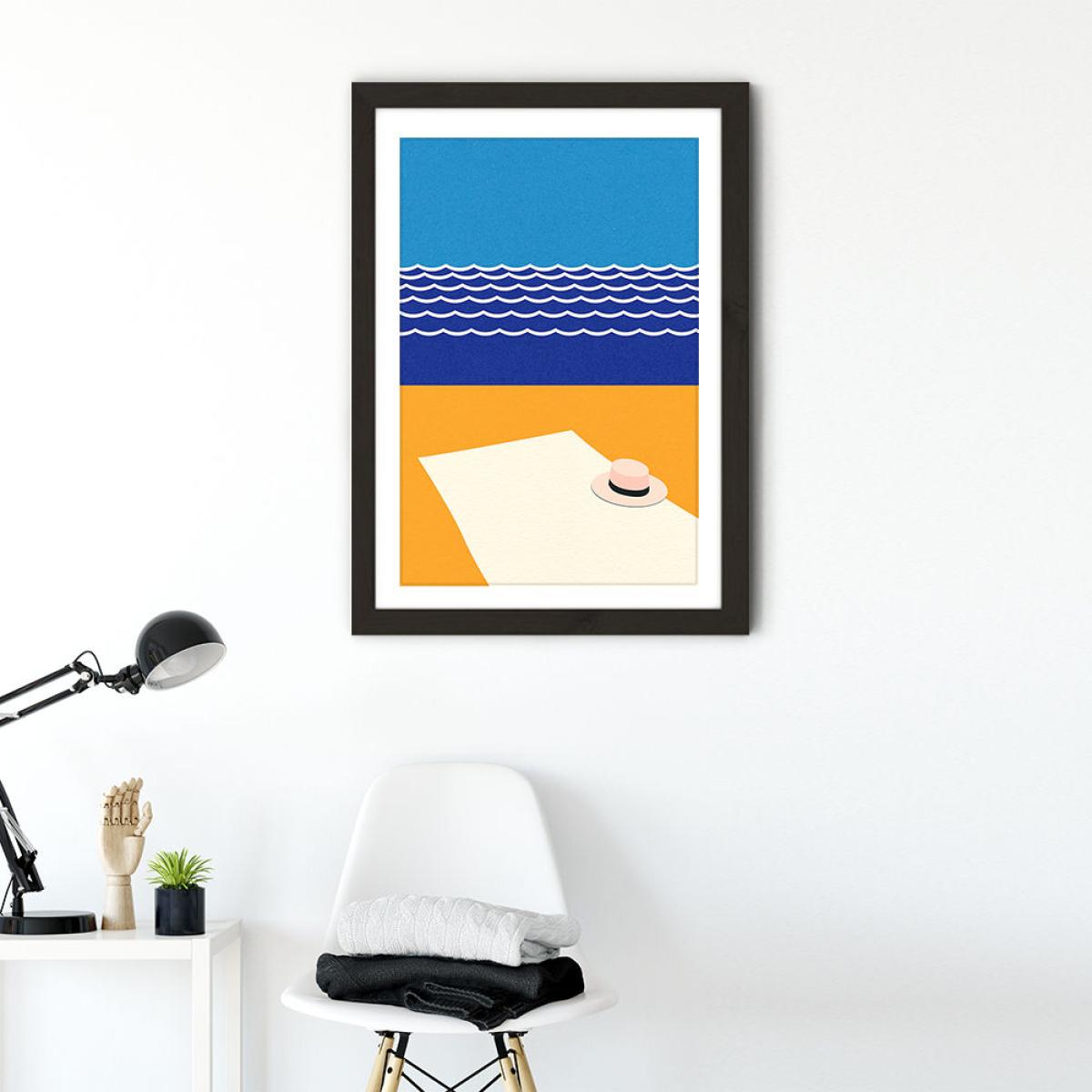 Hat And Towel On The Beach Art Print Black Frame – image 2