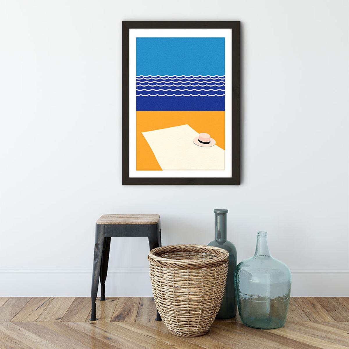 Hat And Towel On The Beach Art Print Black Frame – image 3