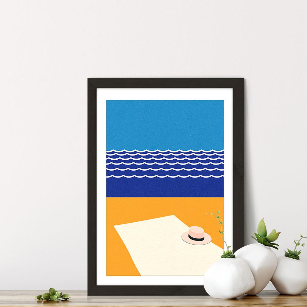 Hat And Towel On The Beach Art Print Black Frame – image 7