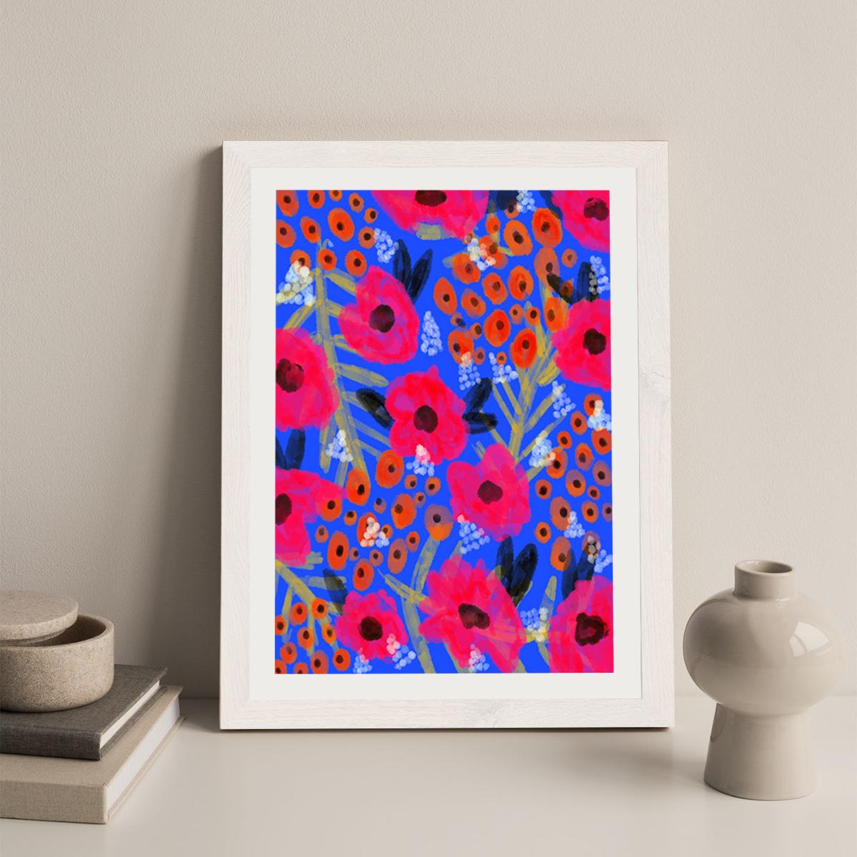 Blue Floral Art Print White Frame – image 2