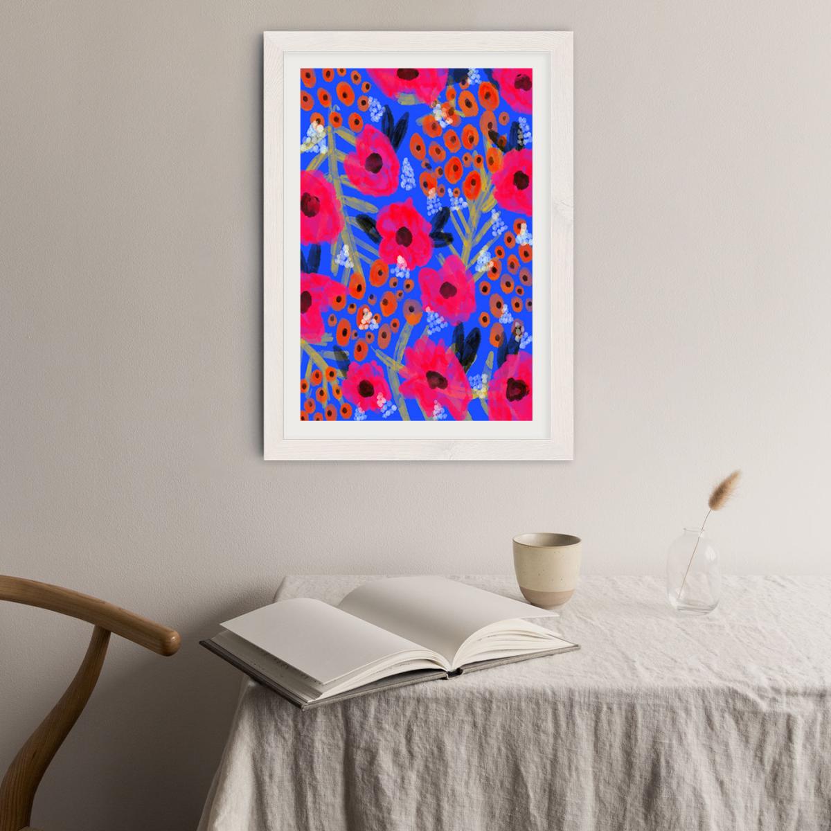 Blue Floral Art Print White Frame – image 3