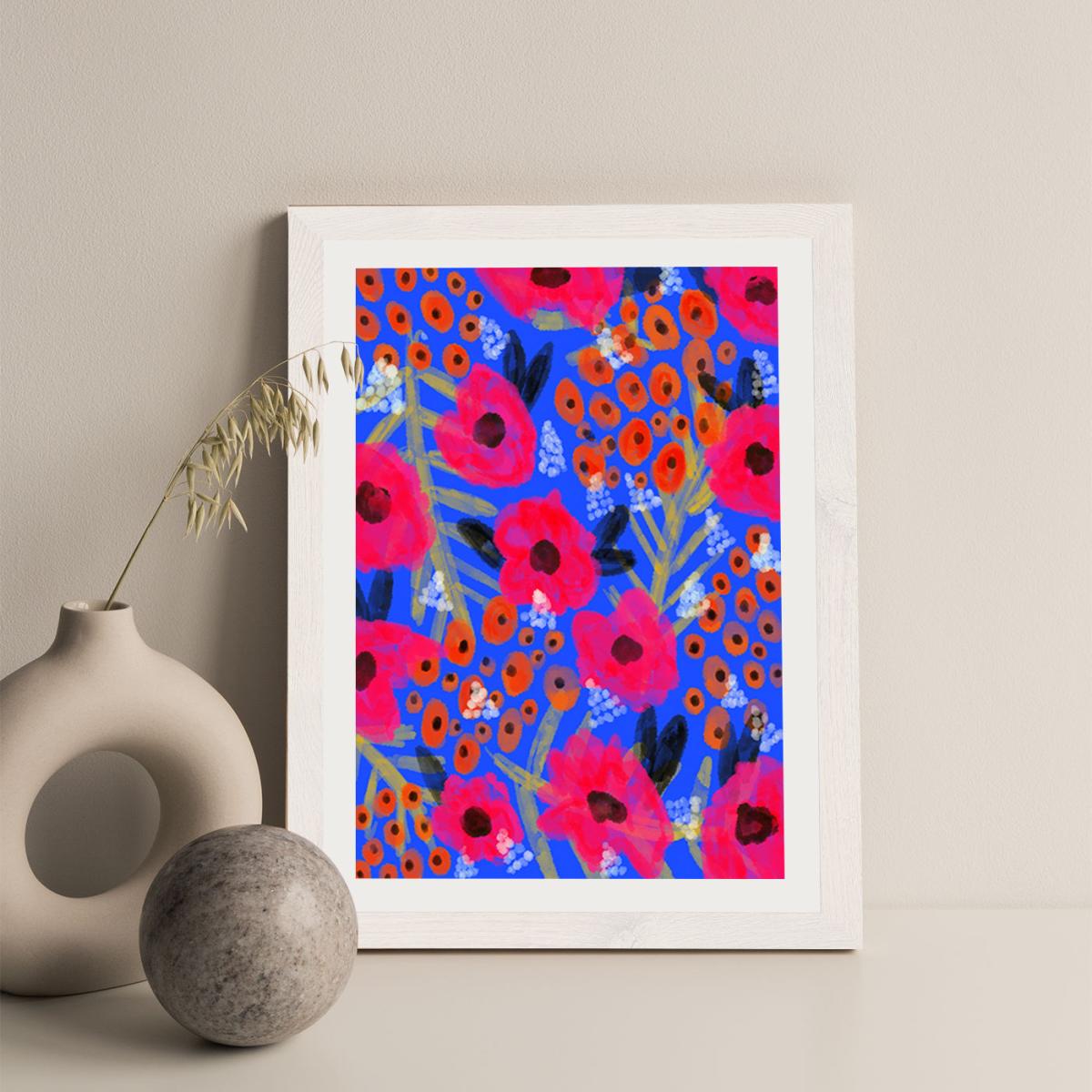 Blue Floral Art Print White Frame – image 4