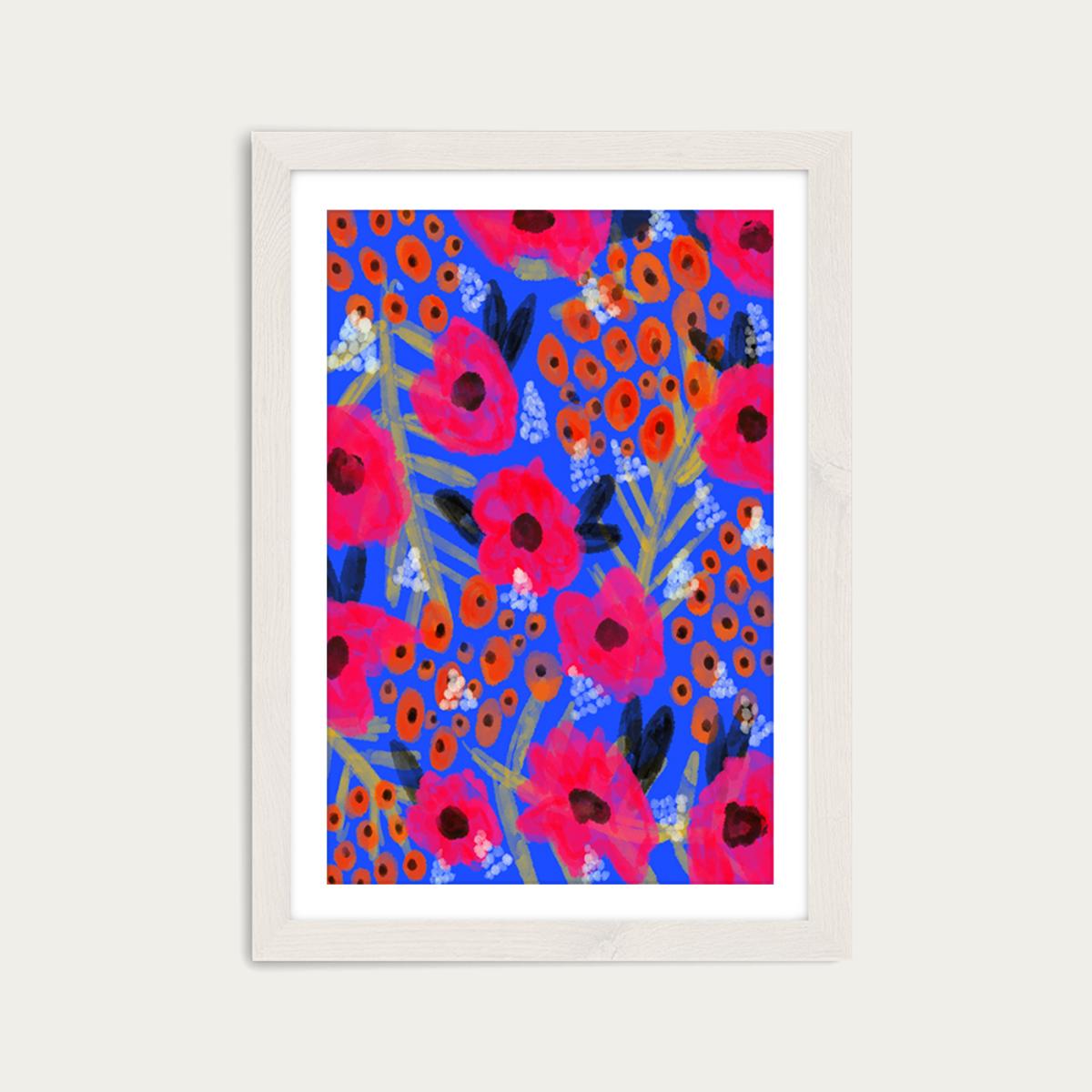 Blue Floral Art Print White Frame – image 1