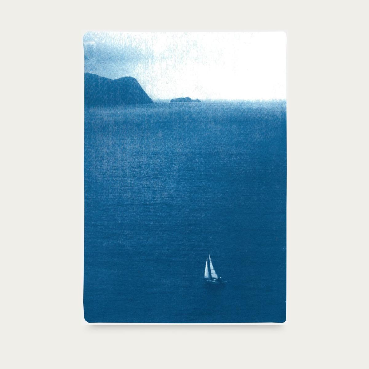 Misty Sailboat Journey Handmade Cyanotype Art Print – image 1