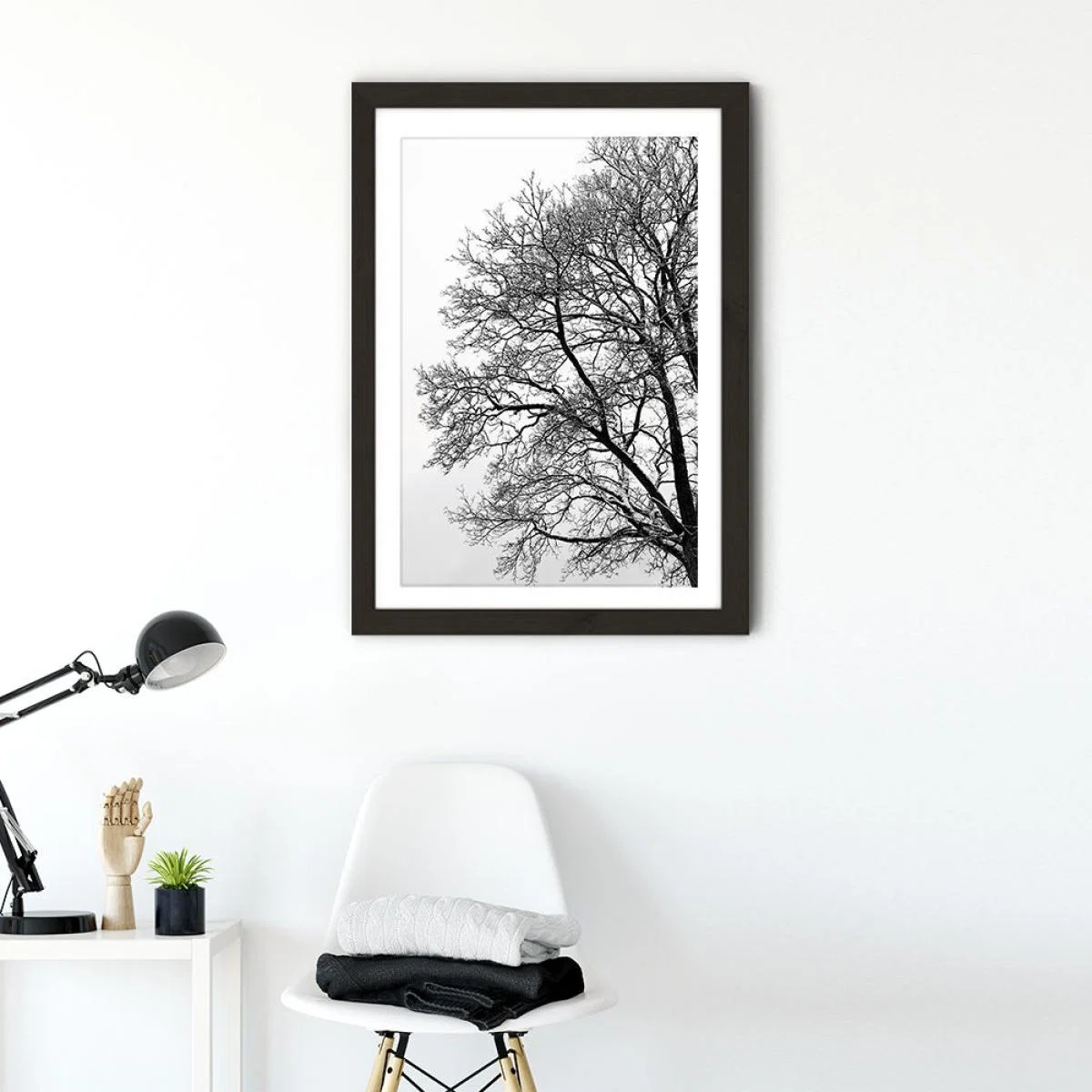 Black & White Abstract Winter Tree Art Print Black Frame – image 2
