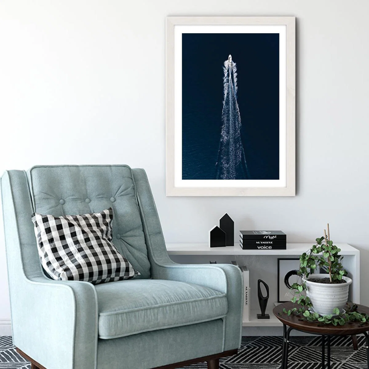Boat Trip through Blue Art Print White Frame – image 4