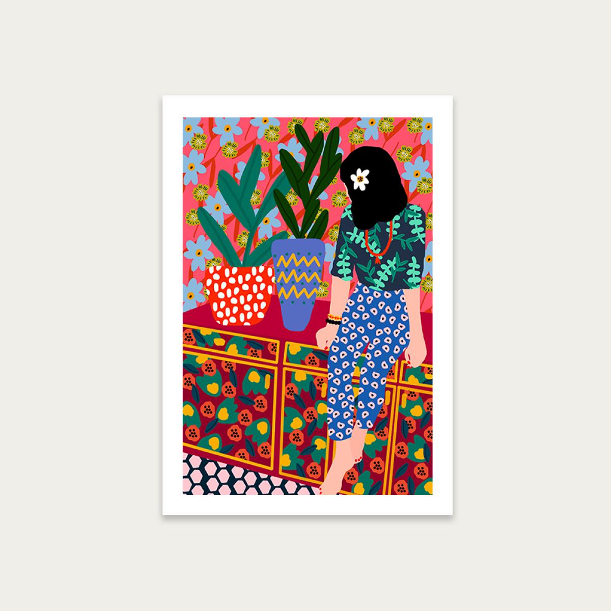 Hawaiian Girl on a Balcony Art Print Unframed