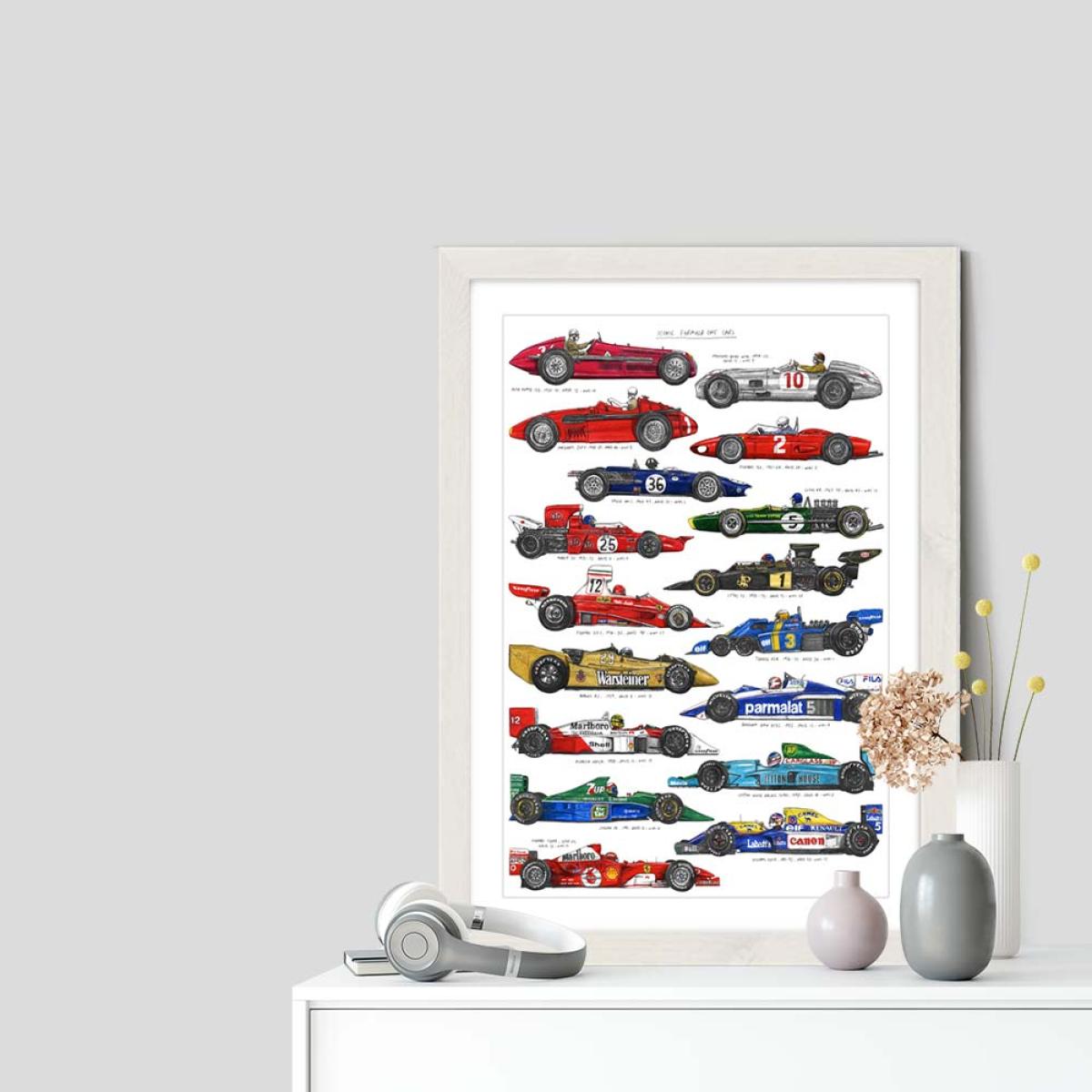 White Frame F1 Cars Art Print – image 7
